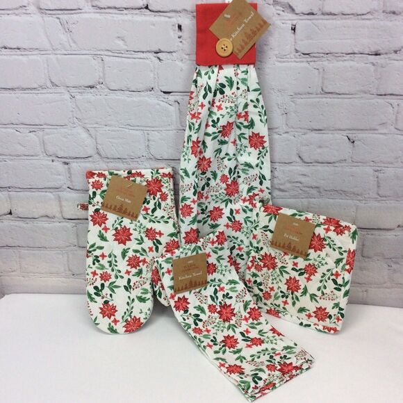 4 Pc Christmas Poinsettia Kitchen Set 2 Towels(Oven/Tea)1 Oven Mitt/1 Pot Holder - Picture 1 of 10